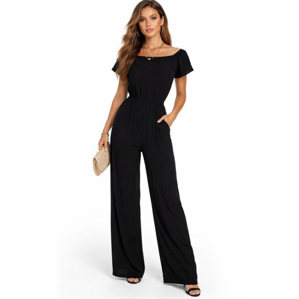 Charles Henry Womens Black Short Sleeve Elastic Waist Wide Leg Jumpsuit XS USA‎